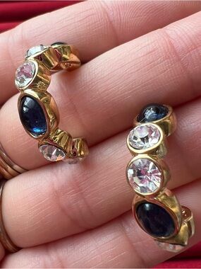 Gold Hoop Earrings with Blue and Clear Stones - Women Jewelry